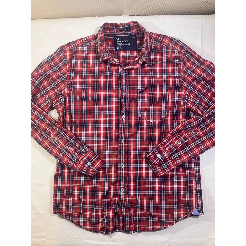 American Eagle Outfitters Mens Athletic Fit Plaid Button Down Shirt Red‎ Navy M
